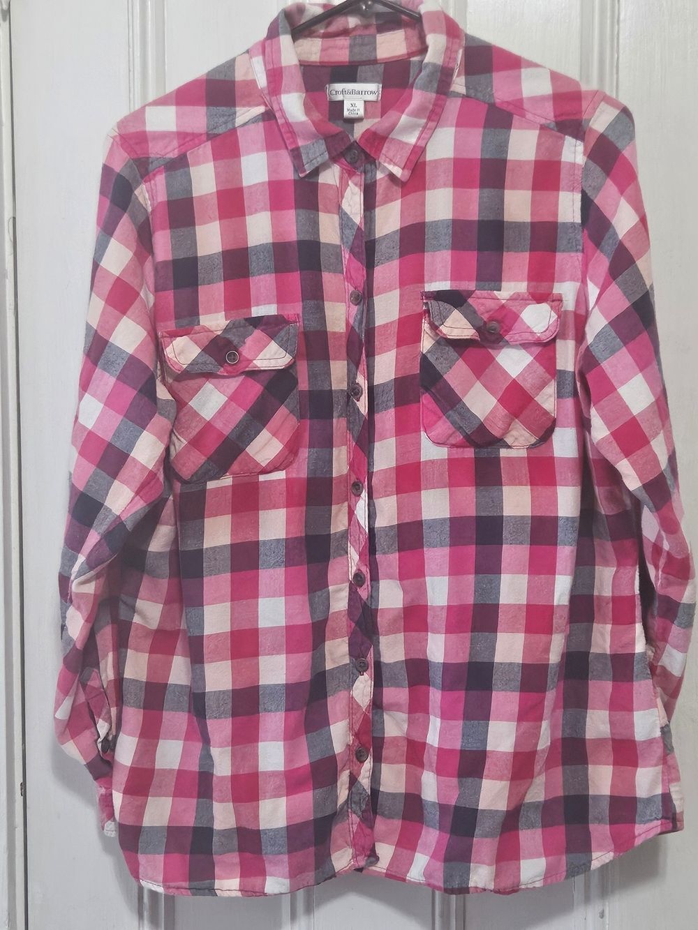 Croft & Barrow Pink and White Plaid Button-Down Flannel Cotton Shirt XL